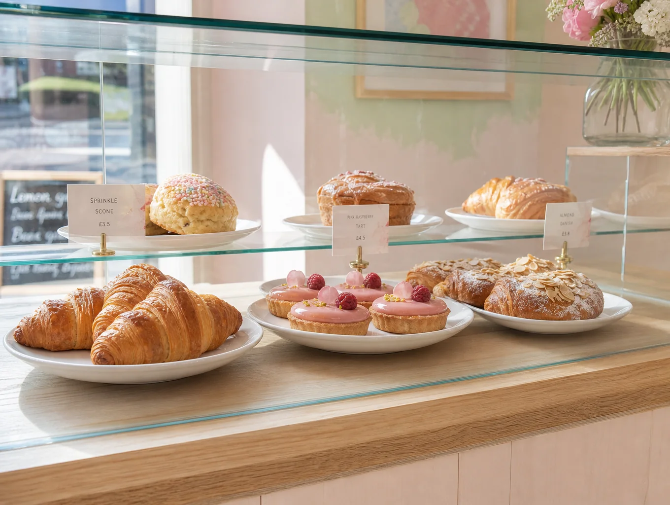 Selection of freshly baked artisanal pastries on a marble counter