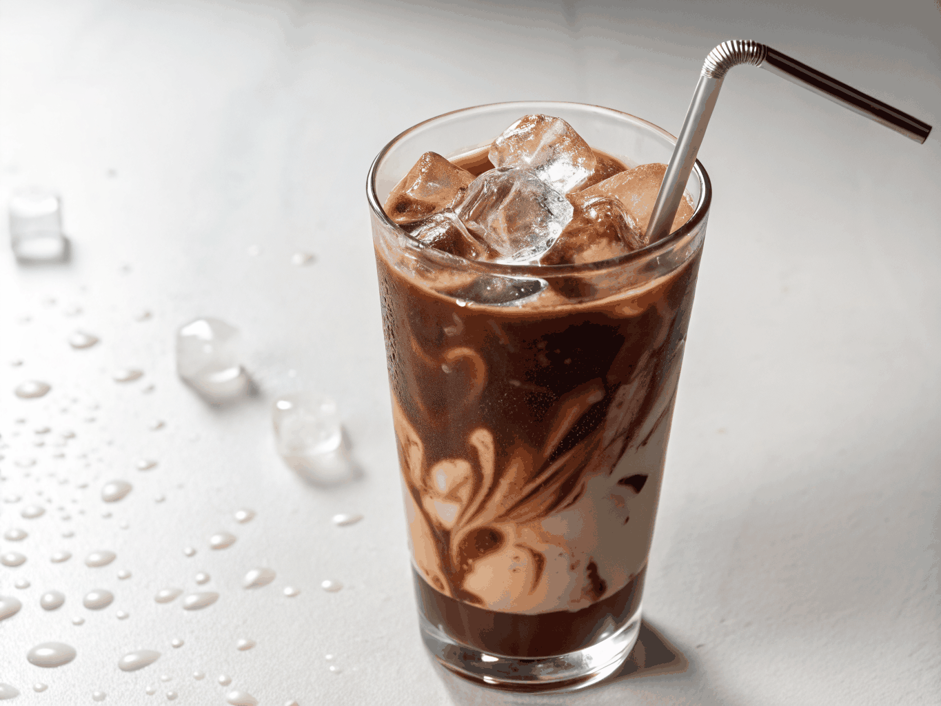Refreshing iced coffee served in a glass with condensation