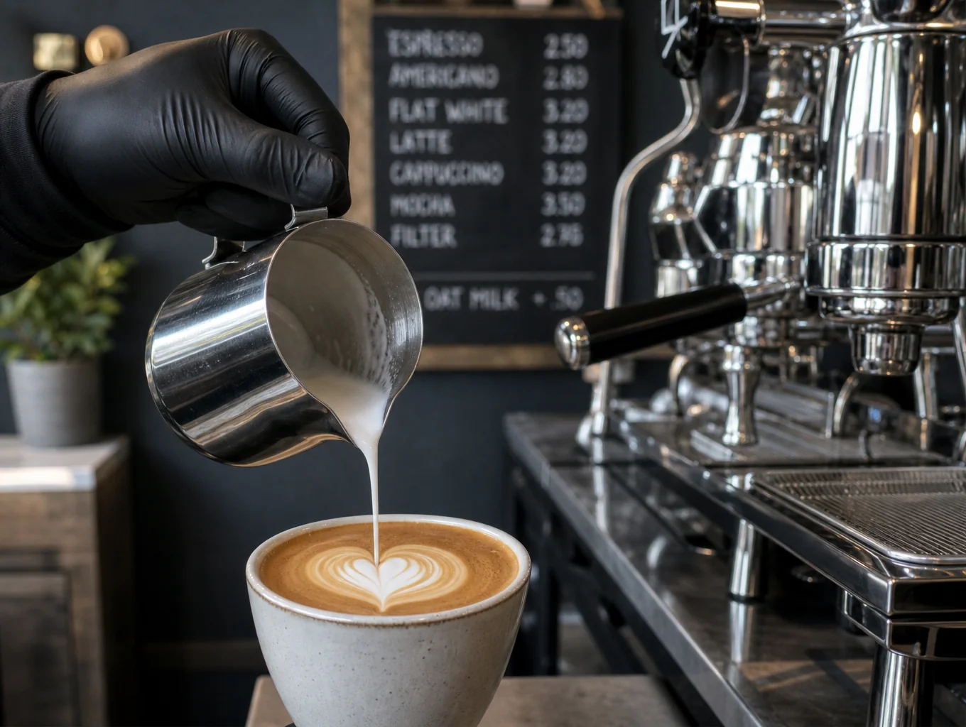 Barista pouring intricate latte art into a ceramic coffee cup