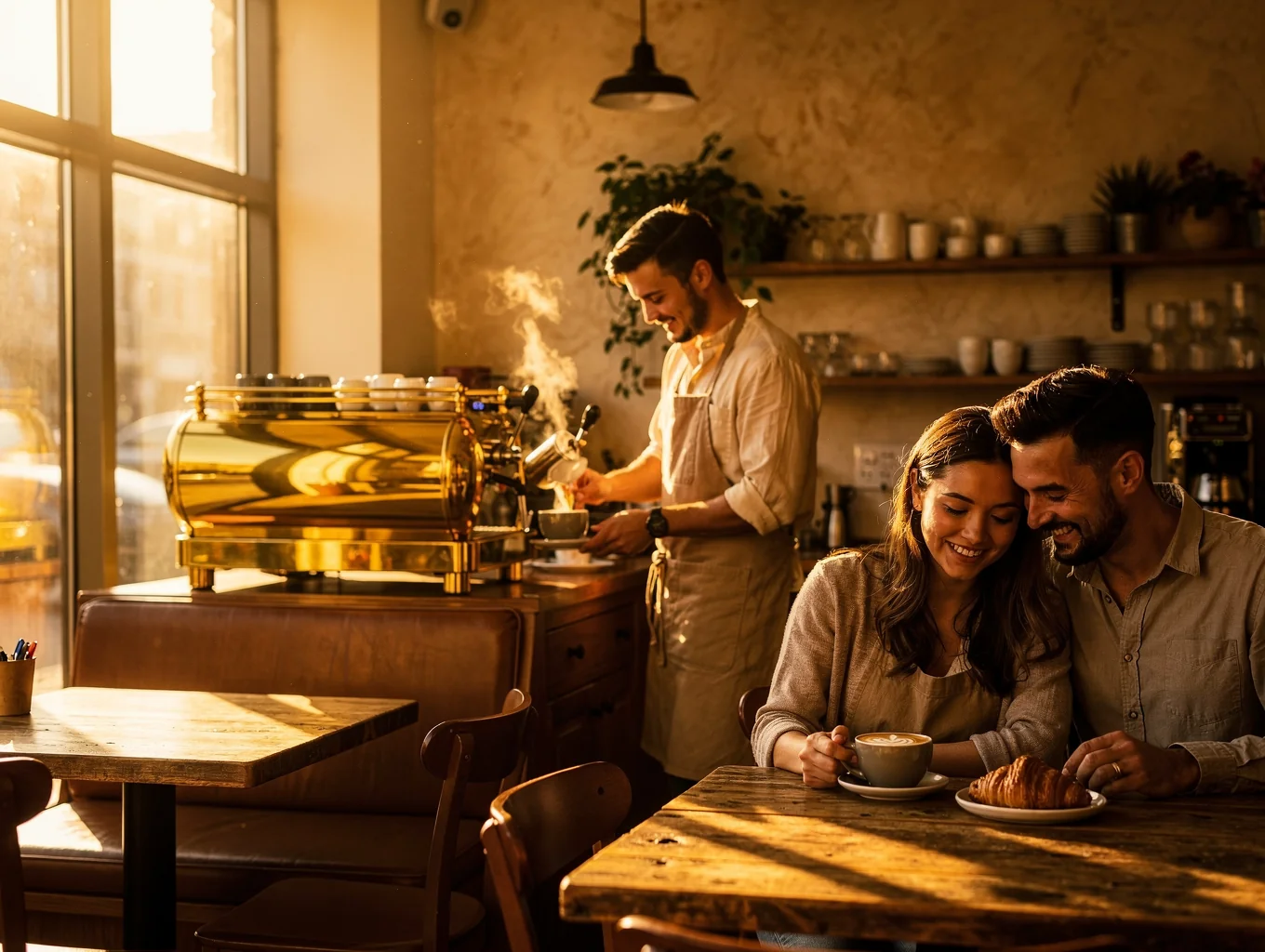 Bright morning light streaming into our cozy neighborhood brunch spot