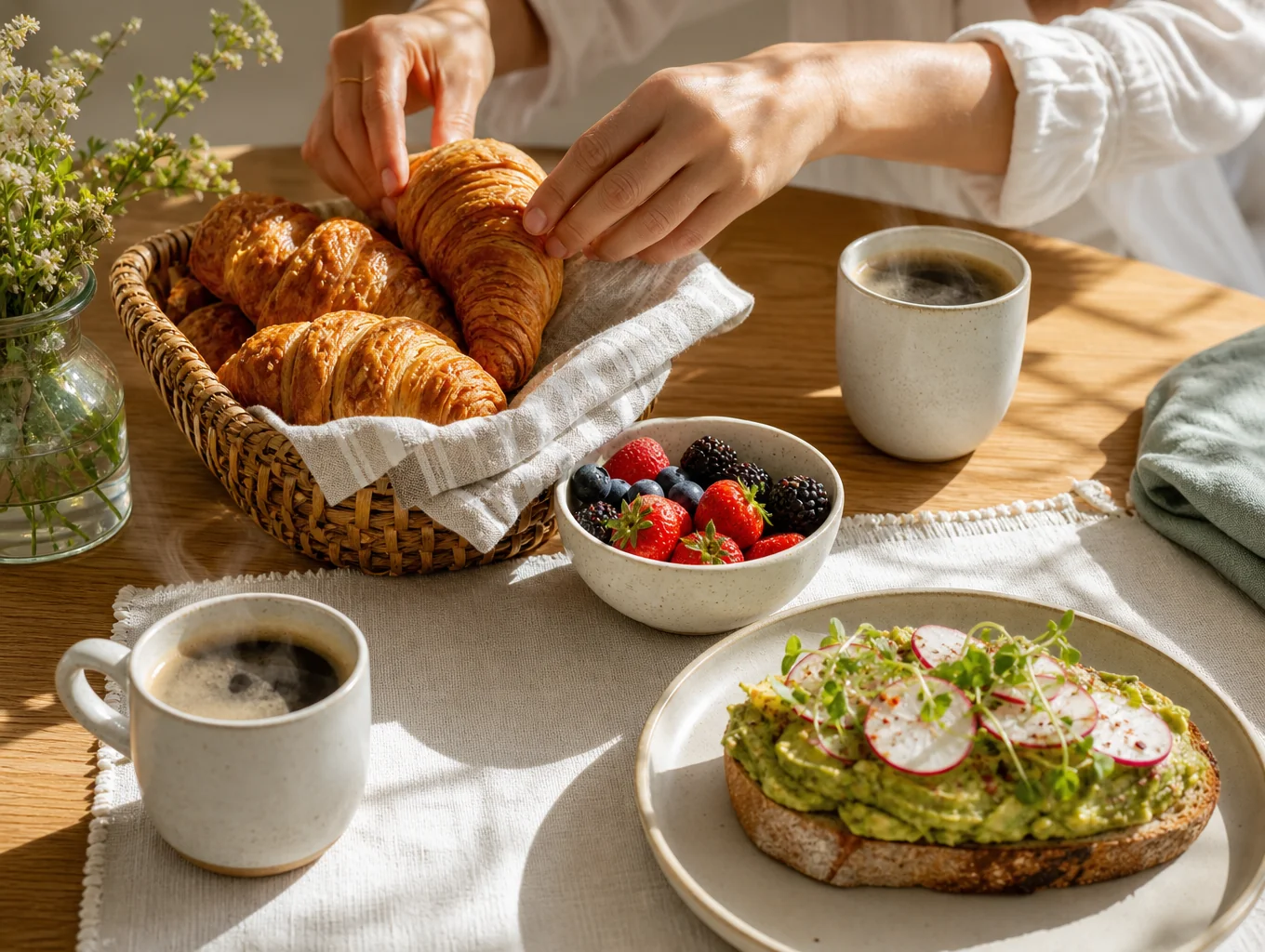 Bright morning brunch table with fresh coffee and seasonal plates
