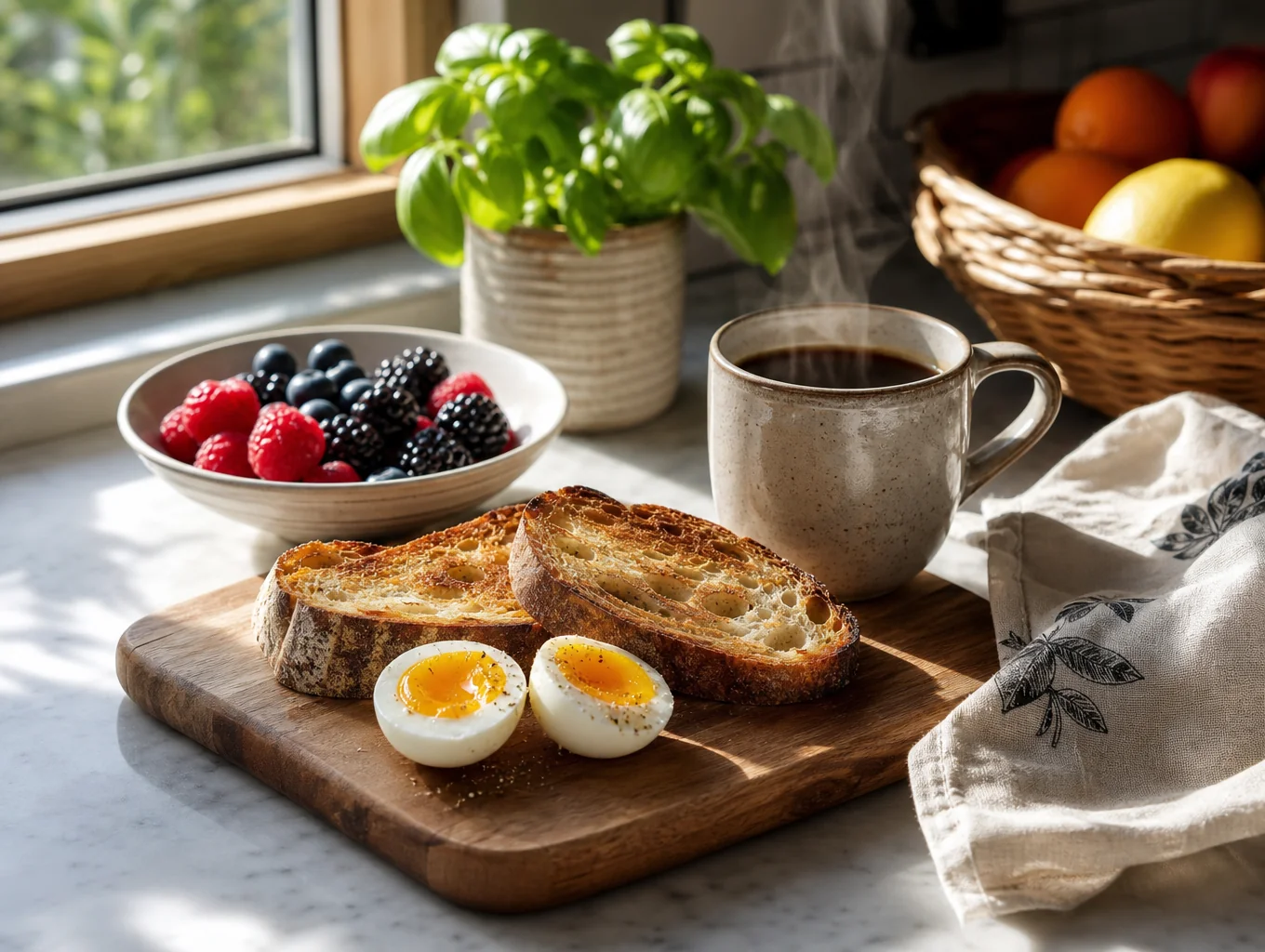 Sunlit brunch table with fresh coffee and seasonal plates